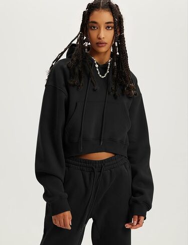 Flygo Womens Fleece Hoodie Sweatshirt Cropped Drawstring Hooded Crop Tops Pullover with Kangaroo Pocket in Saudi Arabia