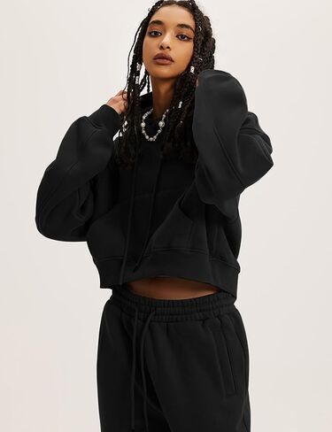 Flygo Womens Fleece Hoodie Sweatshirt Cropped Drawstring Hooded Crop Tops Pullover with Kangaroo Pocket in Saudi Arabia