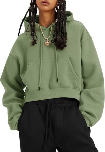 Flygo Womens Fleece Hoodie Sweatshirt Cropped Drawstring Hooded Crop Tops Pullover with Kangaroo Pocket in Saudi Arabia