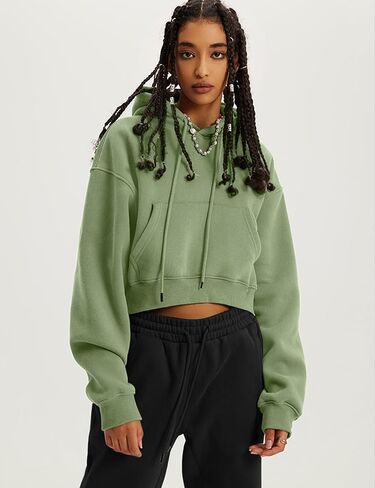 Flygo Womens Fleece Hoodie Sweatshirt Cropped Drawstring Hooded Crop Tops Pullover with Kangaroo Pocket in Saudi Arabia