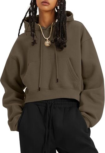 Flygo Womens Fleece Hoodie Sweatshirt Cropped Drawstring Hooded Crop Tops Pullover with Kangaroo Pocket in Saudi Arabia