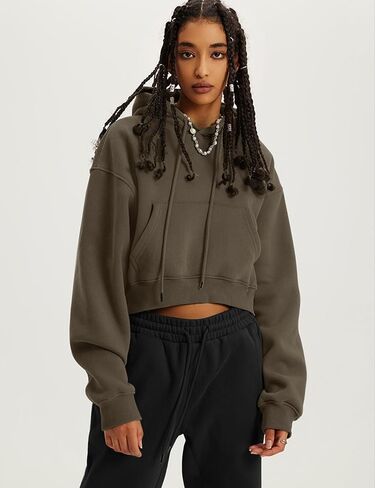 Flygo Womens Fleece Hoodie Sweatshirt Cropped Drawstring Hooded Crop Tops Pullover with Kangaroo Pocket in Saudi Arabia