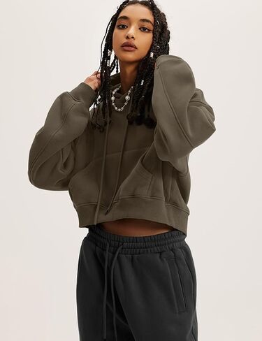 Flygo Womens Fleece Hoodie Sweatshirt Cropped Drawstring Hooded Crop Tops Pullover with Kangaroo Pocket in Saudi Arabia