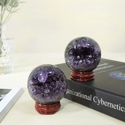 mookaitedecor Amethyst Geode Crystal Ball with Wooden Stand, Feng Shui Stone Sphere Energy Cave for Home Decoration Divination, 2.4-2.76 Inches in Kuwait