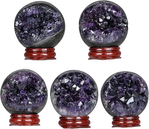 mookaitedecor Amethyst Geode Crystal Ball with Wooden Stand, Feng Shui Stone Sphere Energy Cave for Home Decoration Divination, 2.4-2.76 Inches in Kuwait