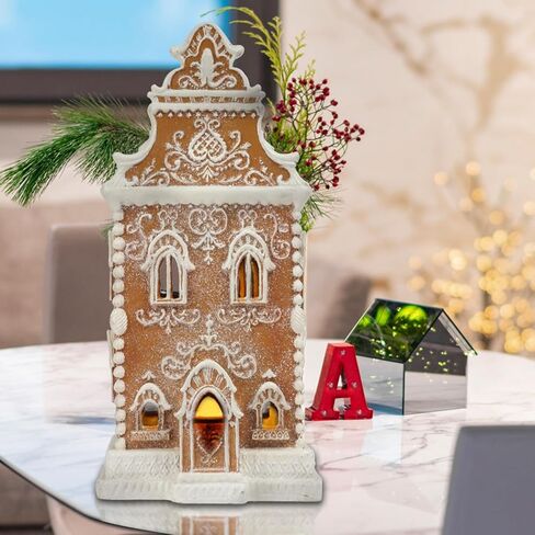 Braxio Gingerbread House زينة عيد الميلاد في الأماكن المغلقة - منزل خبز الزنجبيل لعيد الميلاد من الراتنج مع ضوء LED ديكور منزلي داخلي هدايا للرجال لعيد الميلاد 6.5 * 5.5 * 13.5 بوصة in Kuwait