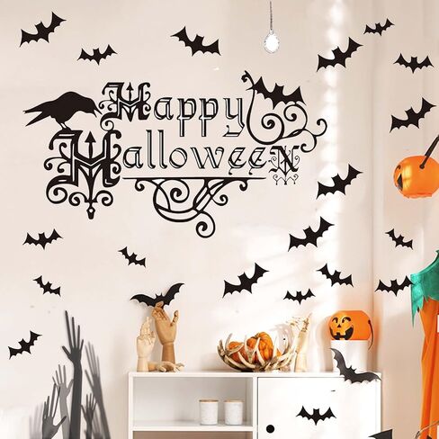 Happy Halloween Stickers Bats Wall Decor Crow Sticker Decals Window Clings Removable Decorations for Indoor/Outdoor Party Supplies Decor Living Room Bedroom Kitchen in Kuwait