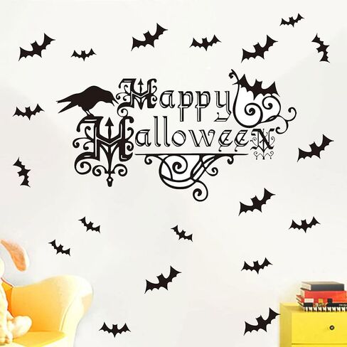 Happy Halloween Stickers Bats Wall Decor Crow Sticker Decals Window Clings Removable Decorations for Indoor/Outdoor Party Supplies Decor Living Room Bedroom Kitchen in Kuwait