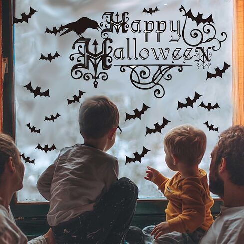 Happy Halloween Stickers Bats Wall Decor Crow Sticker Decals Window Clings Removable Decorations for Indoor/Outdoor Party Supplies Decor Living Room Bedroom Kitchen in Kuwait