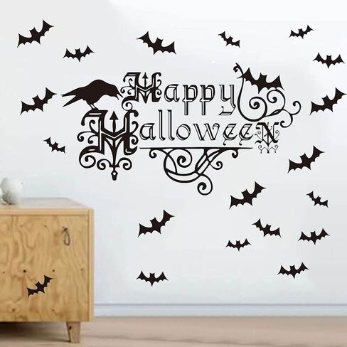Happy Halloween Stickers Bats Wall Decor Crow Sticker Decals Window Clings Removable Decorations for Indoor/Outdoor Party Supplies Decor Living Room Bedroom Kitchen in Kuwait