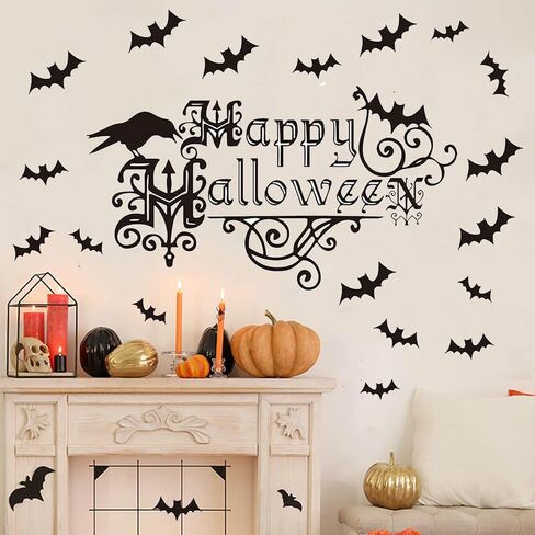 Happy Halloween Stickers Bats Wall Decor Crow Sticker Decals Window Clings Removable Decorations for Indoor/Outdoor Party Supplies Decor Living Room Bedroom Kitchen in Kuwait