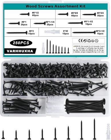 250 Pcs Black Wood Screws Assortment Kit, #6#8 Phillips Drive Flat Head Screws, Countersunk Head Screws, Self-Tapping Screws, Assorted Drywall Screws for Wood Cabinet Furniture, with M6 Anchors in Saudi Arabia