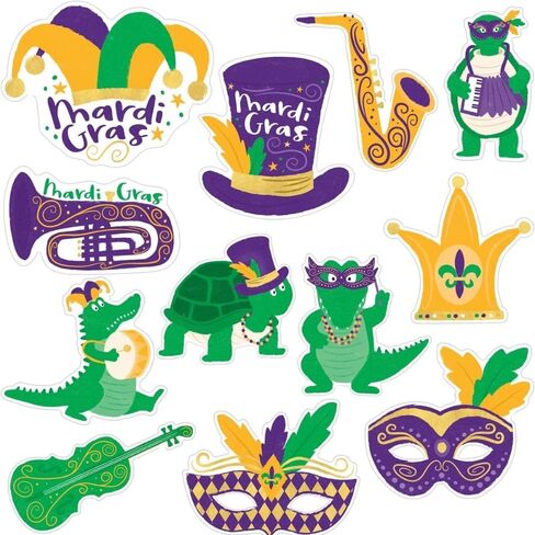 Mardi Gras Swamp Characters Cutouts - 11", 9", 7" Sizes (Pack of 12) - Vibrant Multicolor Paper Decorations - Perfect for Festive Celebrations in Saudi Arabia
