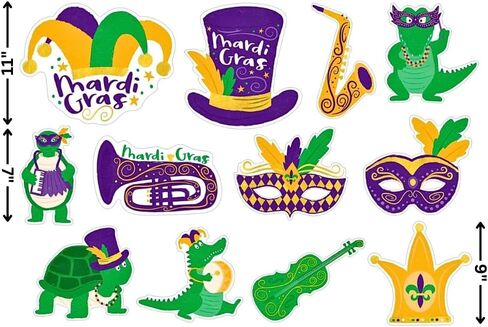 Mardi Gras Swamp Characters Cutouts - 11", 9", 7" Sizes (Pack of 12) - Vibrant Multicolor Paper Decorations - Perfect for Festive Celebrations in Saudi Arabia