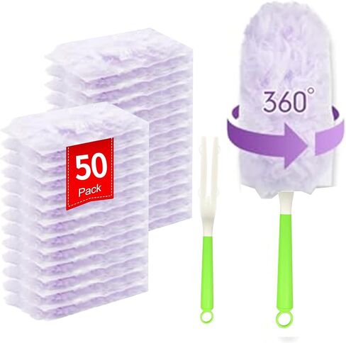 50 pcs 360° Duster Refills Kit Compatible with S-wiffer Dusters, Multi Surface Heavy Duty Feather Dusters Kit + 2 Handle for Cleaning Home, Purple in Saudi Arabia