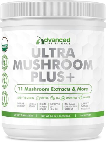 Ultra Mushroom Plus+ - مسحوق الفطر العضوي - 11 مستخلص فطر وأكثر - 132 جرامًا (4.7 أونصة) - معزز للدماغ والطاقة والمناعة - سهل الخلط in Saudi Arabia