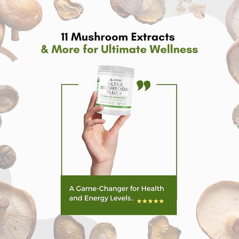 Ultra Mushroom Plus+ - مسحوق الفطر العضوي - 11 مستخلص فطر وأكثر - 132 جرامًا (4.7 أونصة) - معزز للدماغ والطاقة والمناعة - سهل الخلط in Saudi Arabia