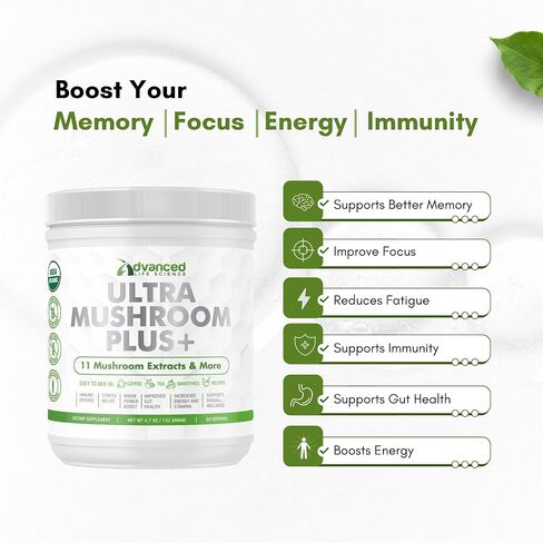 Ultra Mushroom Plus+ - مسحوق الفطر العضوي - 11 مستخلص فطر وأكثر - 132 جرامًا (4.7 أونصة) - معزز للدماغ والطاقة والمناعة - سهل الخلط in Saudi Arabia