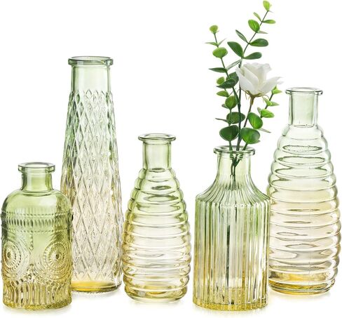 Glasseam Vintage Green Glass Vase: Boho Flower Vase Set of 5 Decorative Small Vases for Flowers Decor Colored Anique Bud Vases for Centerpieces Living Room Wedding Dining Table Decorations in Saudi Arabia