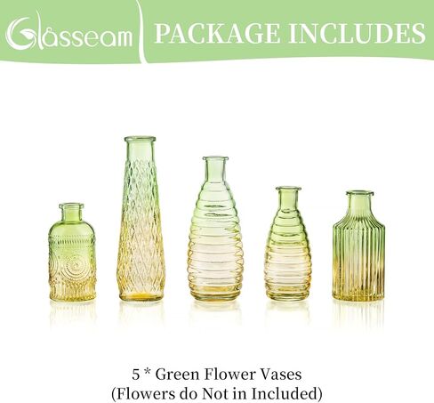 Glasseam Vintage Green Glass Vase: Boho Flower Vase Set of 5 Decorative Small Vases for Flowers Decor Colored Anique Bud Vases for Centerpieces Living Room Wedding Dining Table Decorations in Saudi Arabia