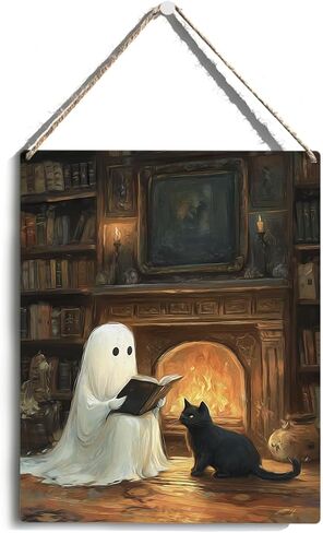 ديكور الهالوين، ديكور الأشباح، ديكورات الهالوين اللطيفة في الأماكن المغلقة، لوحة فنية جدارية مضحكة مخيفة للهالوين خشبية معلقة على شكل لوحة خشبية، شبح القطة السوداء في الغابة، لافتة باب المزرعة، ديكور غرفة المنزل in Kuwait