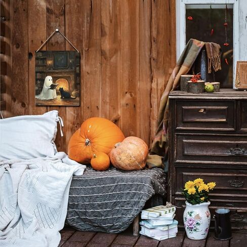 ديكور الهالوين، ديكور الأشباح، ديكورات الهالوين اللطيفة في الأماكن المغلقة، لوحة فنية جدارية مضحكة مخيفة للهالوين خشبية معلقة على شكل لوحة خشبية، شبح القطة السوداء في الغابة، لافتة باب المزرعة، ديكور غرفة المنزل in Kuwait