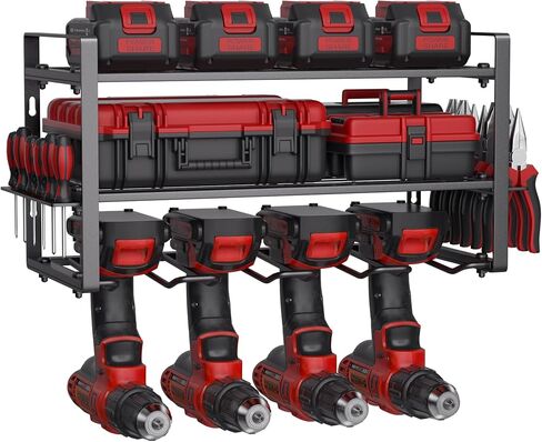 Power Tool Organizer Wall Mount, 3 Layers Heavy Duty Metal Storage Rack with 4 Drill Holders for Garage Organization, Storage Rack for Cordless Drill, Tool Shelf for Garage/Workshop/Pegboard/Shed in Saudi Arabia