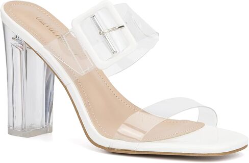 Olivia Miller Women’s Fashion Ladies Shoes, Clear PVC Jelly Double Strap Dual Band w Buckle, Trendy Casual Party Open Square Toe, Slide On 3.1 Inch High Mid Block Heel Sandals in Saudi Arabia
