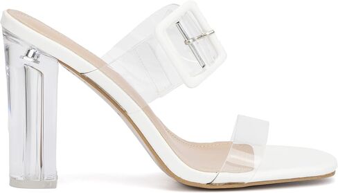 Olivia Miller Women’s Fashion Ladies Shoes, Clear PVC Jelly Double Strap Dual Band w Buckle, Trendy Casual Party Open Square Toe, Slide On 3.1 Inch High Mid Block Heel Sandals in Saudi Arabia