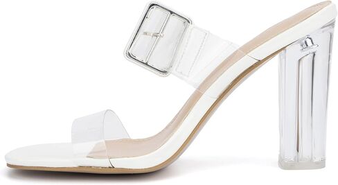 Olivia Miller Women’s Fashion Ladies Shoes, Clear PVC Jelly Double Strap Dual Band w Buckle, Trendy Casual Party Open Square Toe, Slide On 3.1 Inch High Mid Block Heel Sandals in Saudi Arabia