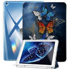 for iPad 9th 2021/8th 2020/7th 2019 Generation Case 10.2" with Pencil Holder, Smart Stand Protective Clear Case Cover for iPad 10.2 inch (9th/8th/7th Gen), Blue Butterfly