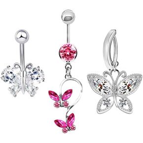 Rnivida Stainless Steel 14G Belly Button Ring Hypoallergenic Piercing Jewelry Set,12MM Long Bar Length,Clicker Belly Button Ring,Round CZ Navel Rings for Women