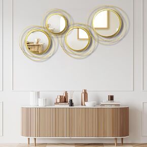 Hicarer 4 Pcs Decorative Wall Mirror Round Modern Mirror Gold Circle Mirror Wall Art Ring Metal Mirror Wall Decor Wall Mounted Mirror for Bedroom Living Room Entryway Dining Room Hallway