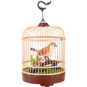 PowerTRC Singing & Chirping Bird in Cage, Realistic Sounds & Movements, Sound Activated, Battery Operated, Great Desk and Room Accessory, Pet Caged Bird Toy (10" x 7")