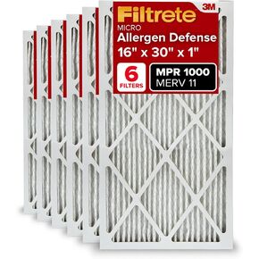 Filtrete 16x30x1 AC Furnace Air Filter, MERV 11, MPR 1000, Micro Allergen Defense, 3-Month Pleated 1-Inch Electrostatic Air Cleaning Filter, 6 Pack (Actual Size 15.81x29.81x0.81 in)