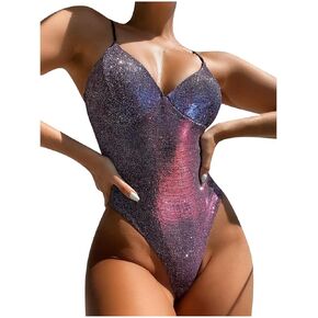 JUMISEE Women Rave Sparkly Swimsuit Sexy Deep V Neck Bathing Suit Shiny One Piece Bodysuit