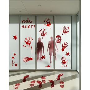 12 Sheets Halloween Bloody Handprint & Footprint PVC Window Cling Stickers for Wall, Floor, Glass - Indoor/Outdoor Halloween Décor