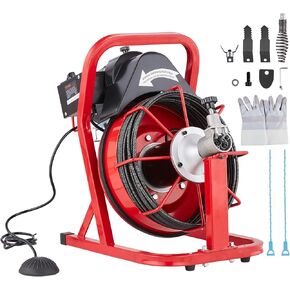 VEVOR Drain Cleaner Machine 50FT x 3/8 Inch, Auto Feed Sewer Snake Auger, Electric Drain Cleaning Machine with 4 Cutters & Air-activated Foot Switch for 2" to 4" Pipes