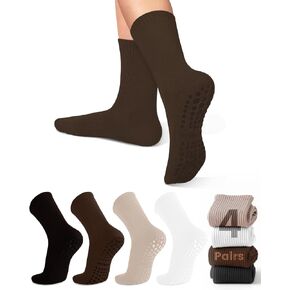 yeuG 4 Pairs Non Slip Pilates Socks with Grips for Women, Grip Socks for Yoga Barre Grippy Crew Socks Woman Sticky Socks