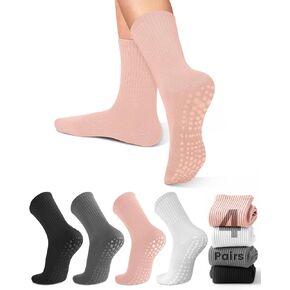 yeuG 4 Pairs Non Slip Pilates Socks with Grips for Women, Crew Grip Socks for Yoga, Barre, Hospital, Barefoot Workout