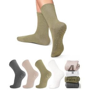 yeuG 4 Pairs Non Slip Pilates Socks with Grips for Women, Crew Grip Socks for Yoga, Barre, Hospital, Barefoot Workout