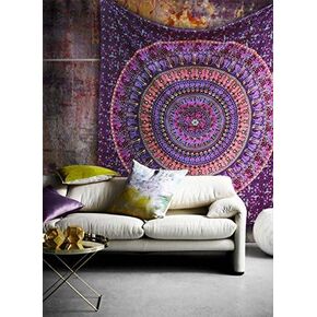 Popular Handicrafts Tapestry Wall Hanging Hippie Mandala Bohemian Hippy Psychedelic Intricate Floral Design Indian Tapestries Bedspread 84 x 90 Inches (215cm x 230cm) Red Yellow
