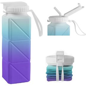 Collapsible Water Bottles with Straw Strap, BPA-Free Leak-Proof Silicone Collapsible Water Bottle Cup 620ml for Travel, Camping, Hiking, Cycling and Outdoor Sports (Blue-Purple Gradient)