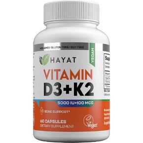 HAYAT Vitamins Vegan Vitamin D3+K2 (5000 IU + 100 MCG), Dietary Supplement for Bone, Teeth, Muscle and Immune Health Support, 2 Month Supply, Certified Halal, 60 Capsules, Made in The USA