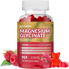 Magnesium Gummies 1000mg -Magnesium Glycinate Supplement and Magnesium L-Threonate Gummy,Sugar Free Magnesium Potassium Supplement for Calm Mood, Muscle, Bone & Sleep Support 90 Raspberry Gummies
