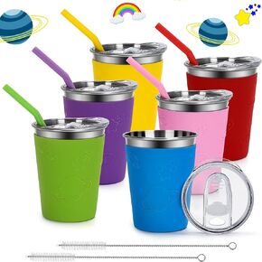 IAMGlobal Kids Cups with Rainbow Silicone Sleeves, 12oz Stainless Steel Cups with Lids and Straws, 304 Stainless Steel Travel Tumbler, Spill Proof Toddler Cups for Cold Drinks & Hot Drinks, 6 Pack