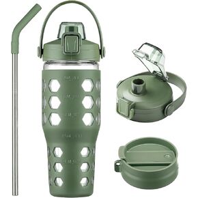 MUKOKO 32 oz Glass Tumbler with Straw,Glass Water Bottles with Time Marker,Iced Coffee Cup with 2 Lids-Handle Spout Lid&Straw Lid,Silicone Sleeve,Leakproof,1 Pack-Olive