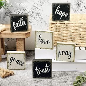 Qunclay 6 Pieces Farmhouse Tiered Tray Decor Inspirational Rustic Wood Sign Faith Love Hope Wooden Table Decorations Art Print Wooden Block Signs for Office Home Tabletop Bookshelf, 2.5 x 2.5 Inch