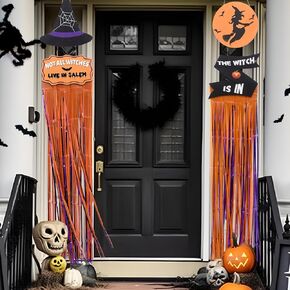 Mega-L Halloween Decorations Hanging Sign, 2 Pack Halloween Front Door Hanger Wooden Hanging Sign with Foil Fringe Curtains for Halloween Home Door Wall Farmhouse Window Yard Indoor Outdoor Decor