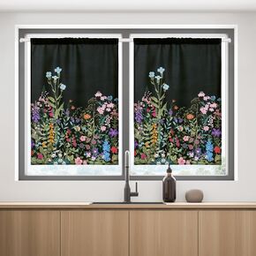 Kitchen Curtains,Small Short Window Curtains for Bedroom Living Room Bathroom Cafe Dining Room with Waterproof Fabric Polyester Decor Rod Pocket 2 Panels 39" L X 27" W Black Flowers